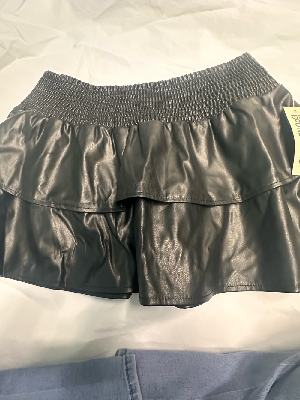No Boundaries Black Faux Leather Tiered Mini Skirt with Smocked Waist - Picture 9 of 10